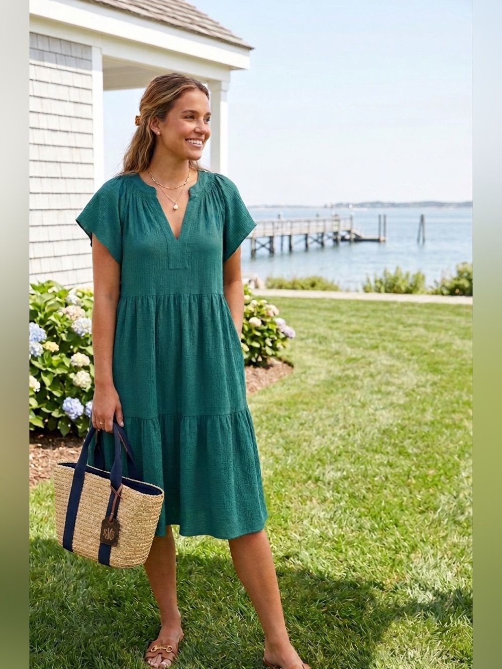 Size 10 Dress 👗 Calvin Klein Emerald Green Flutter-Sleeve Tiered Midi Dress